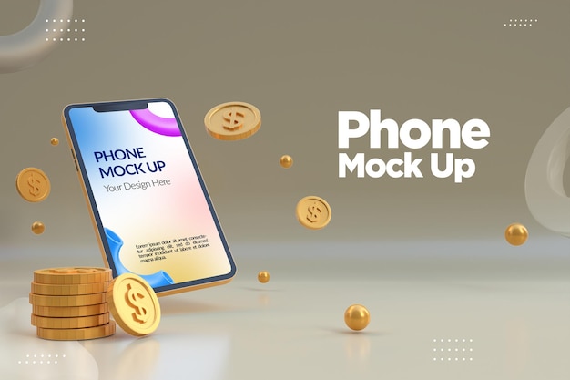 Mockup di telefono minimalista con moneta da un dollaro d'oro