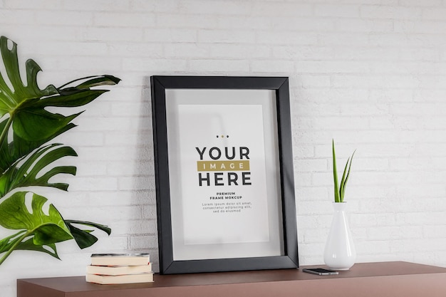 Minimalist photo frame mockup white brick wall poster