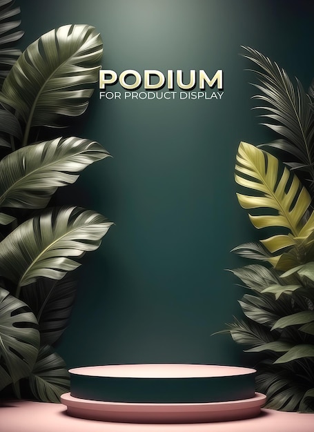 PSD minimalist podium mockup for product presentation decorated with tropical leaves