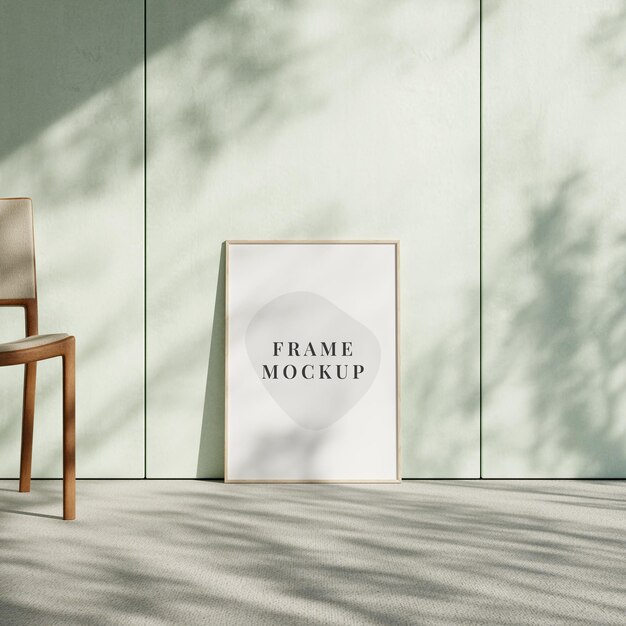 Minimalist poster frame mockup leaning against the wall in interiors with shadow