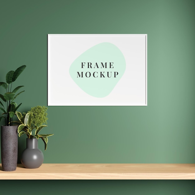 Minimalist poster photo frame mockup hanging on the wall in living room with plant