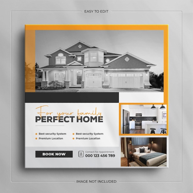 PSD banner di vendita di social media quadrato di proprietà immobiliare minimalista per la storia di instagram con un mockup pulito