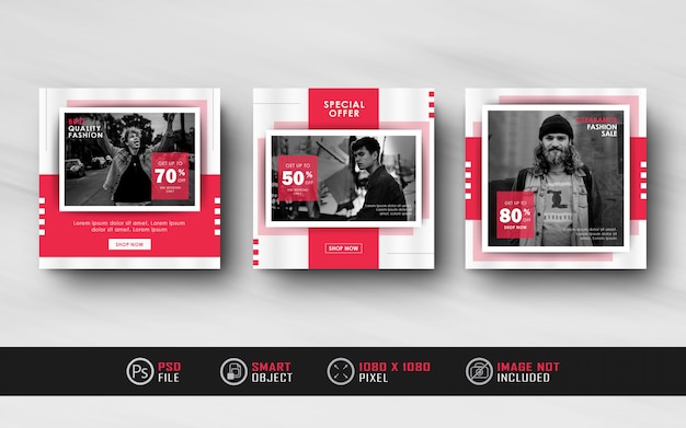 PSD minimalist red instagram social media post feed banner template collection