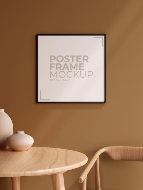 Poster quadrato nero minimalista o cornice per foto nel design degli interni della parete del soggiorno moderno con rendering 3d di vaso e ombra