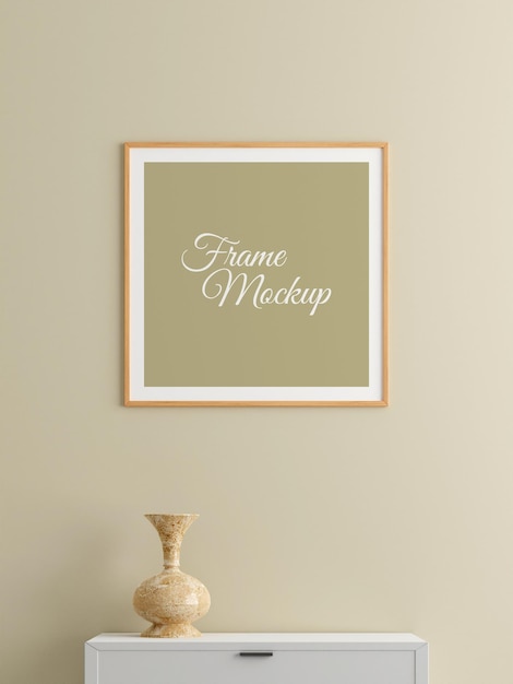 Minimalist square wooden poster or photo frame mockup on the wall in the living room with desk