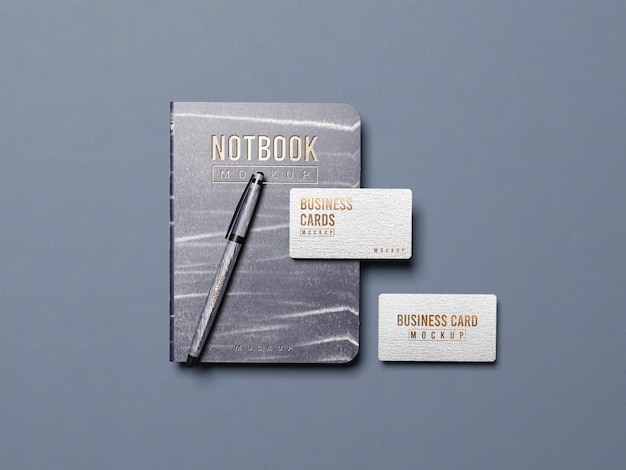 Minimalist stationery set mockup with business cards and notebook