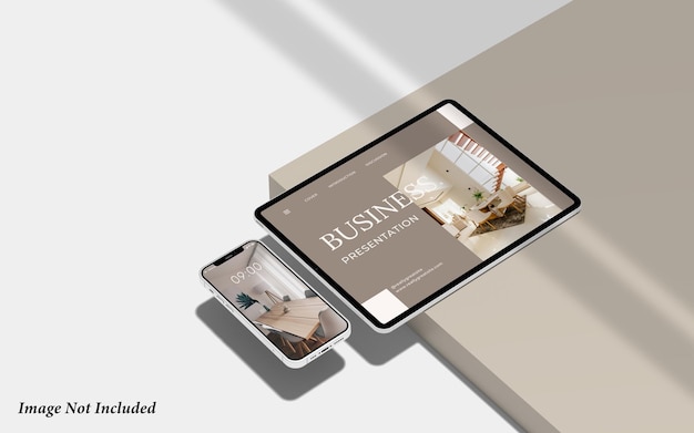 Minimalist tablet and phone mockup with shadow overlays premium psd