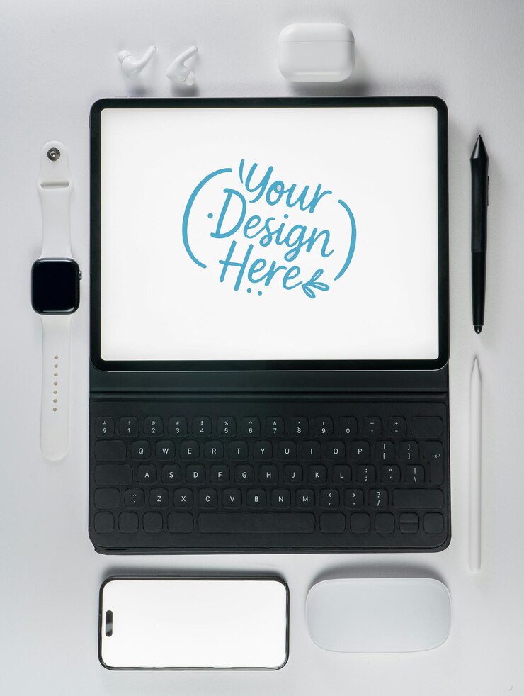 PSD minimalist tech workspace mockup with tablet watch and accessories