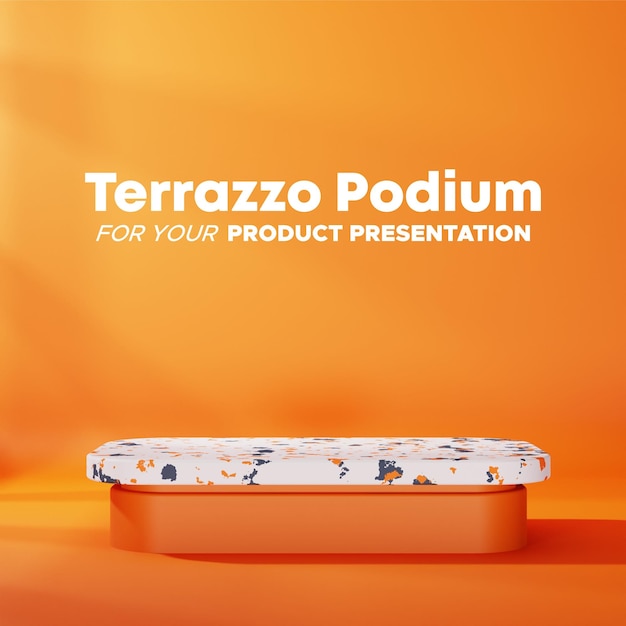 PSD minimalist terrazzo podium with orange background in square for product presentation