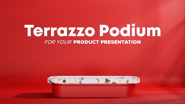 Minimalist terrazzo podium with red background in landscape for product presentation