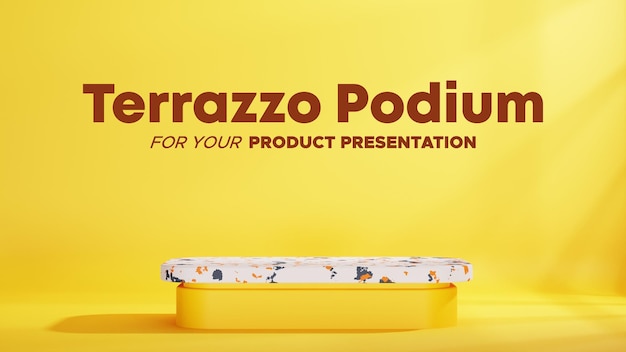 PSD minimalist terrazzo podium with yellow background in landscape for product presentation