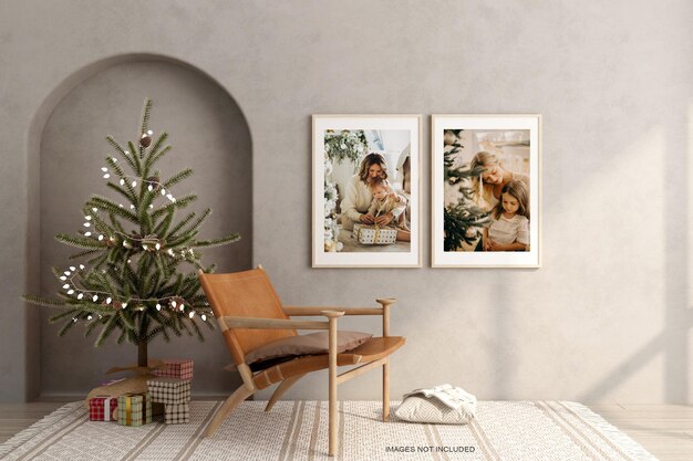 minimalist two frames wih christmas tree and armchair mockup