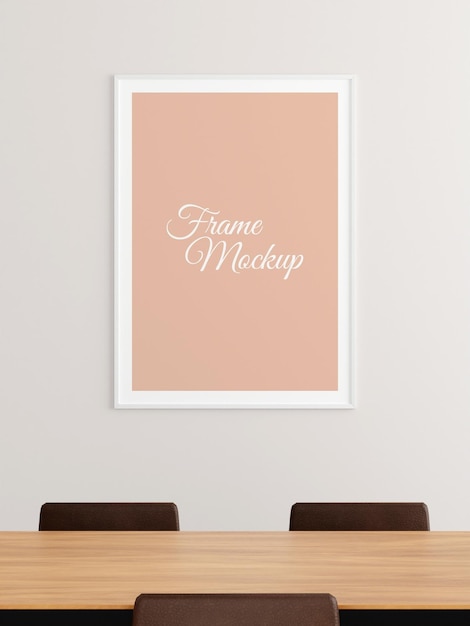 Minimalist vertical white poster or photo frame mockup on the wall in the office meeting room