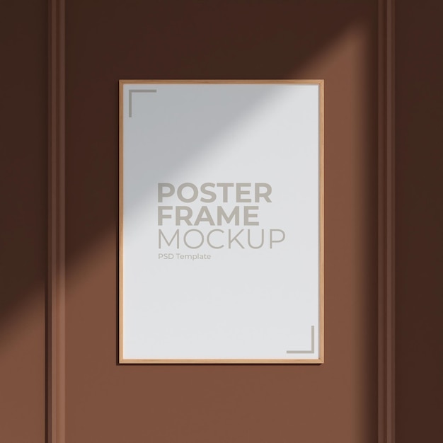 Poster verticale minimalista in legno o cornice per foto in un elegante design degli interni della parete del soggiorno con decorazione e rendering 3d delle ombre