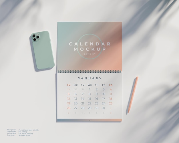 PSD minimalist wall calendar mockup