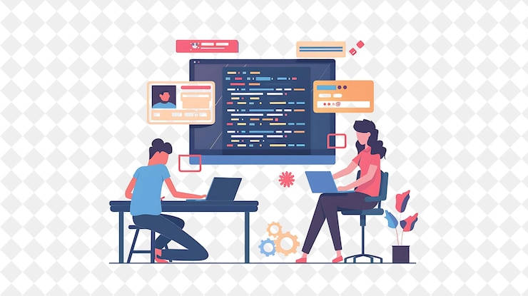 PSD minimalist web designer with characters designing and coding png people in daily work illustration