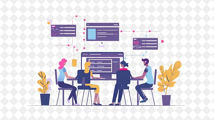 PSD minimalist web designer with characters designing and coding png people in daily work illustration