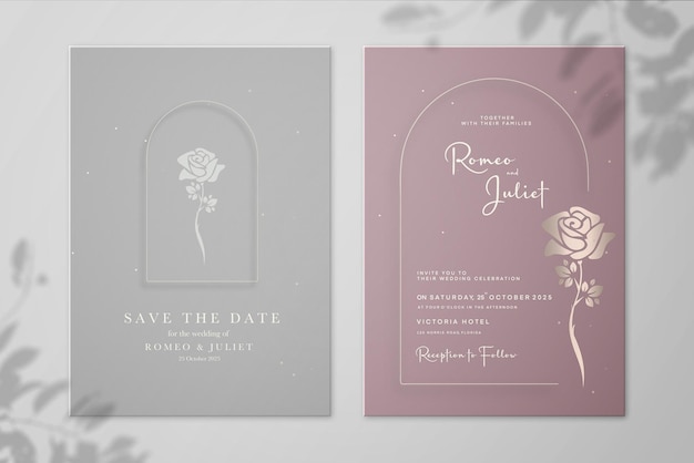 Minimalist wedding invitation and save the date with golden rose