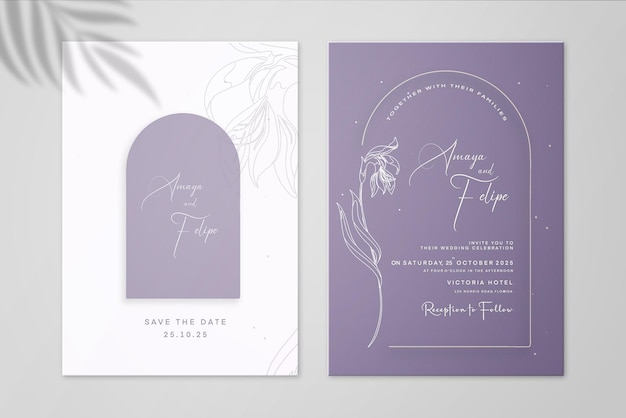 Minimalist Wedding Invitation and Save the Date with Purple Background