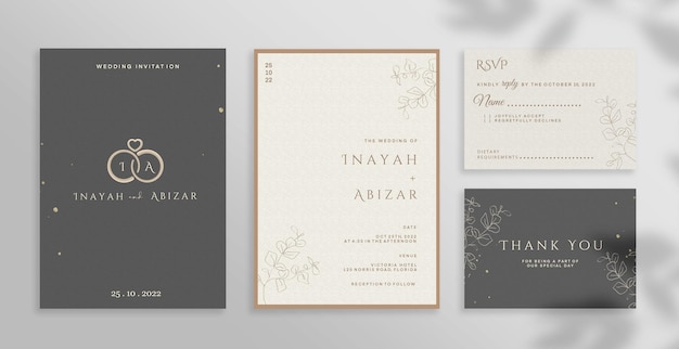 PSD minimalist wedding invitation set with brown background