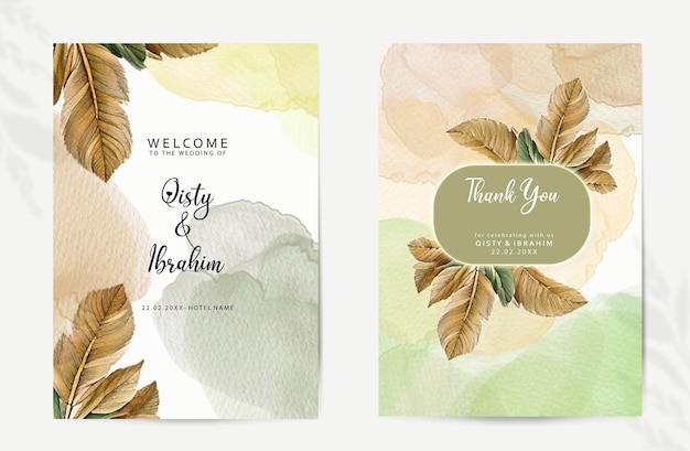 PSD minimalist wedding invitation template with brown leaves