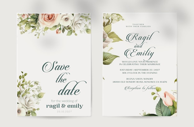 PSD minimalist wedding invitation template with green leaves flower