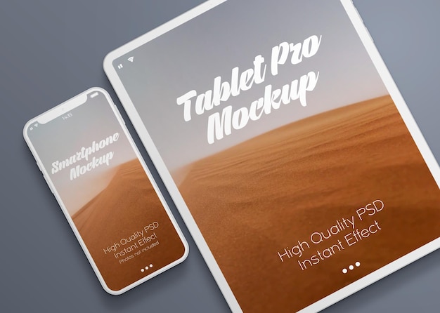 Minimalist white tablet and smartphone mockup