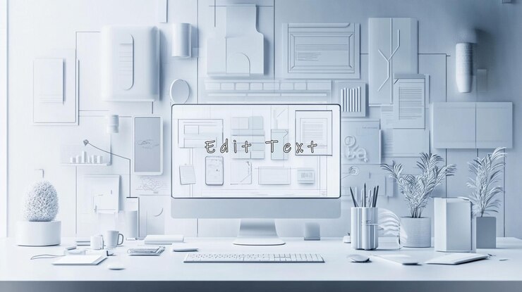 PSD minimalist white workspace with computer screen displaying website design