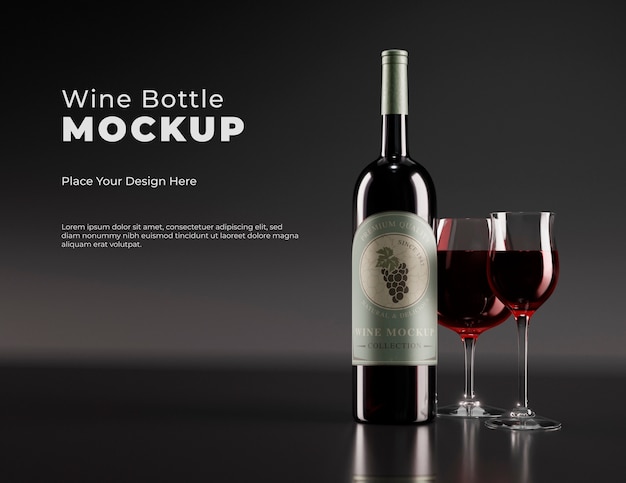 PSD minimalist wine bottle mock-up design with low light and dark tones