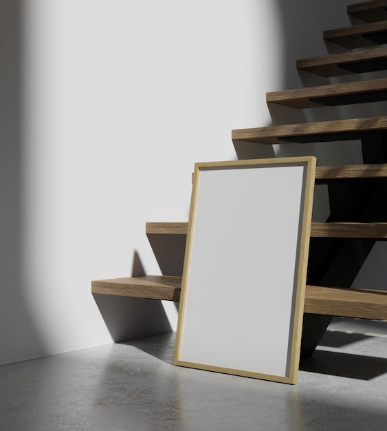 PSD minimalist wooden frame mockup on the stairs lit by sunlight