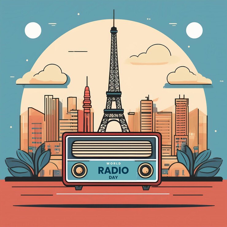 PSD minimalist world radio day design with broadcast symbols