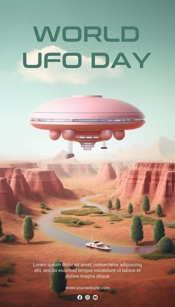 PSD modello minimalista di poster 3d per la giornata mondiale degli ufo