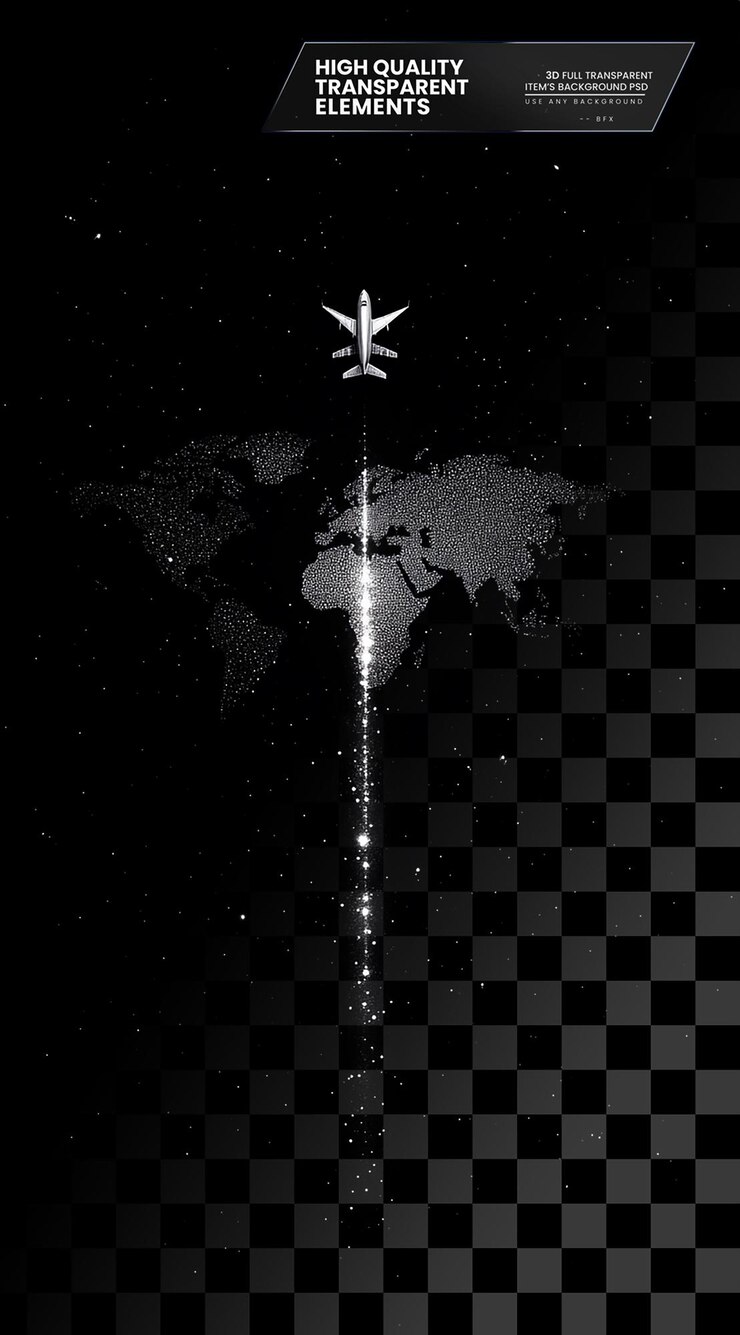 PSD minimalistic black wallpaper with an airplane silhouette on transparent background