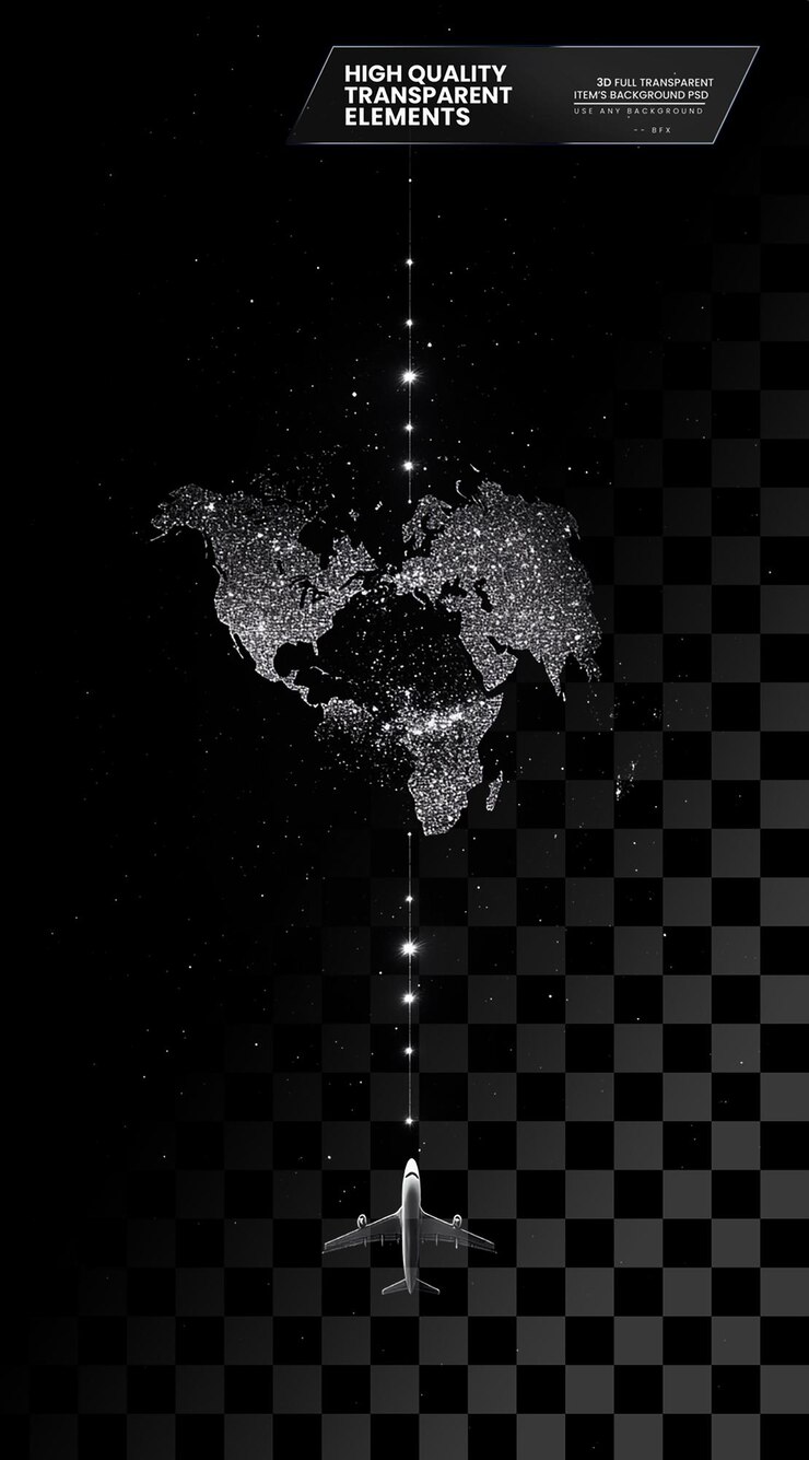 PSD minimalistic black wallpaper with an airplane silhouette on transparent background