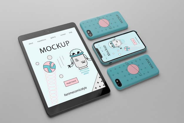 PSD minimalistic design mock-up with tablet device and smartphones