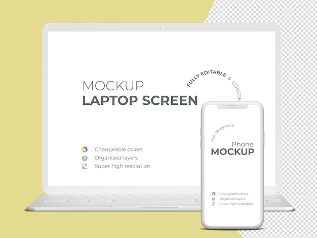 PSD Минималистичный фронтальный экран ноутбука и шаблон макета телефона