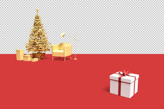 Scena interna minimalista con albero di natale e scatole regalo