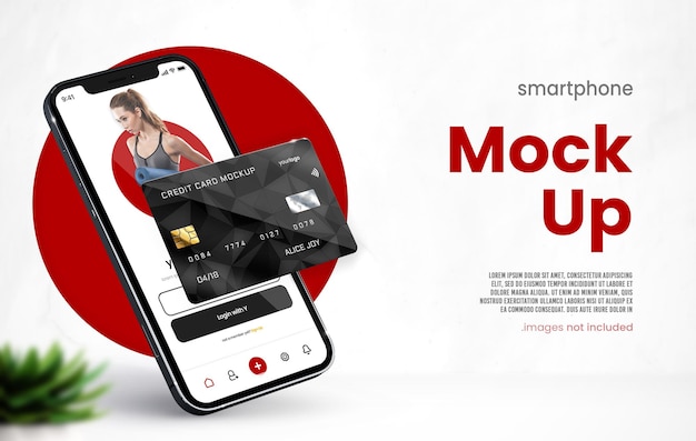 Mockup minimalista di iphone 13 e mockup di carta di debito su sfondo moderno