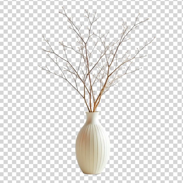 Minimalistic white vase with delicate branches isolated on transparent background