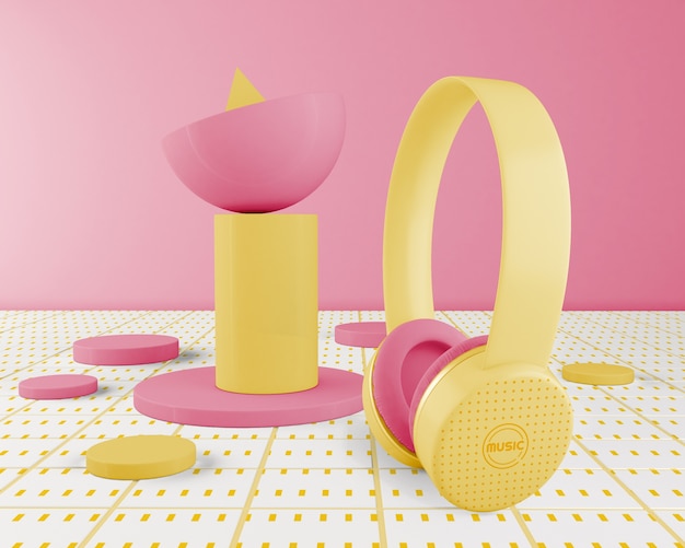 Minimalistic yellow headphones arrangement