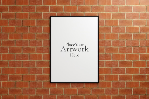 Minimalistisch hangend verticaal zwart poster- of fotolijstmodel in bakstenen muur