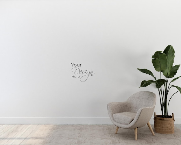 PSD minimalistisch interieur van woonkamer met design fauteuil op witte muur