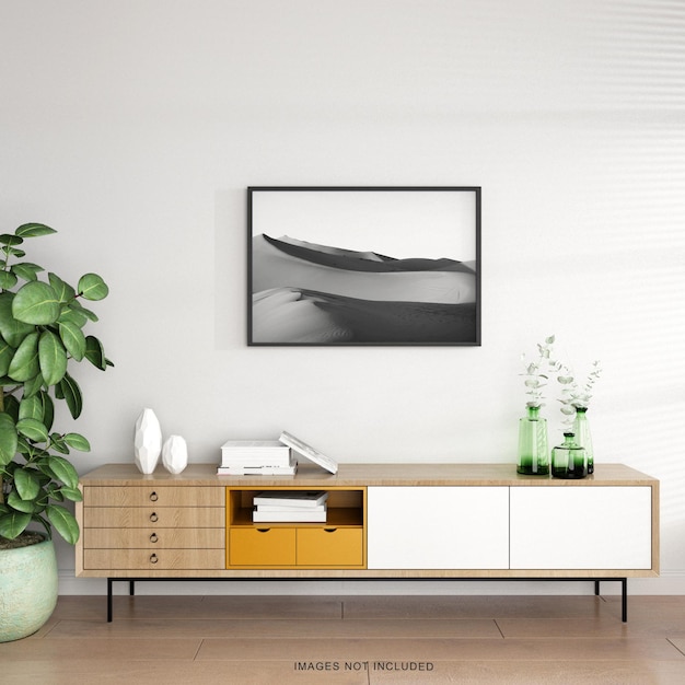 Minimalistisch interieur van woonkamer met mockup aan de muur van een dressoir