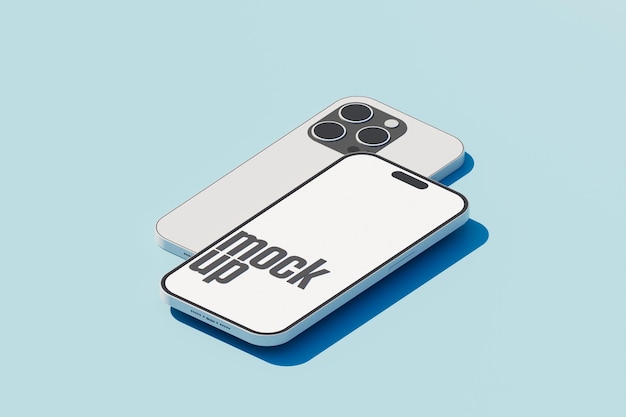 Minimalistisch isometrisch concept smartphone mockup op blauwe achtergrond. psd. 3D-weergave