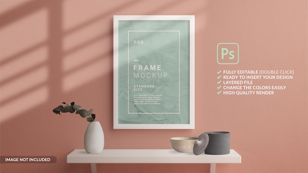 PSD minimalistisch verticaal frame-mockup aan de muur gehangen met een plank in 3d-weergave