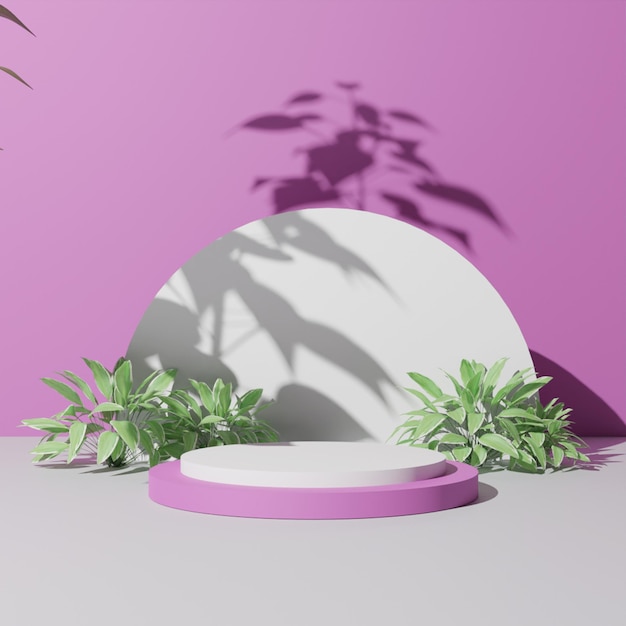 Minimalistische 3D render wit podium met plant en schaduw op roze achtergrond