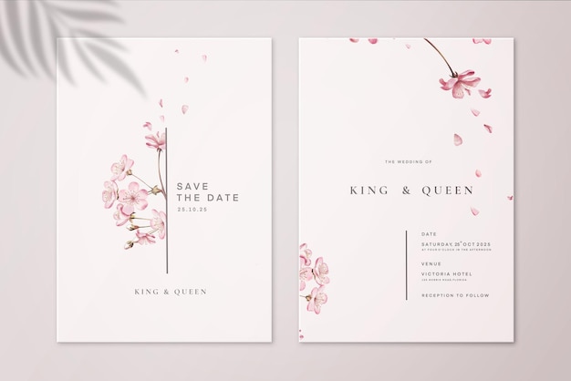 Minimalistische bloemenhuwelijksuitnodiging en Save the Date met Sakura