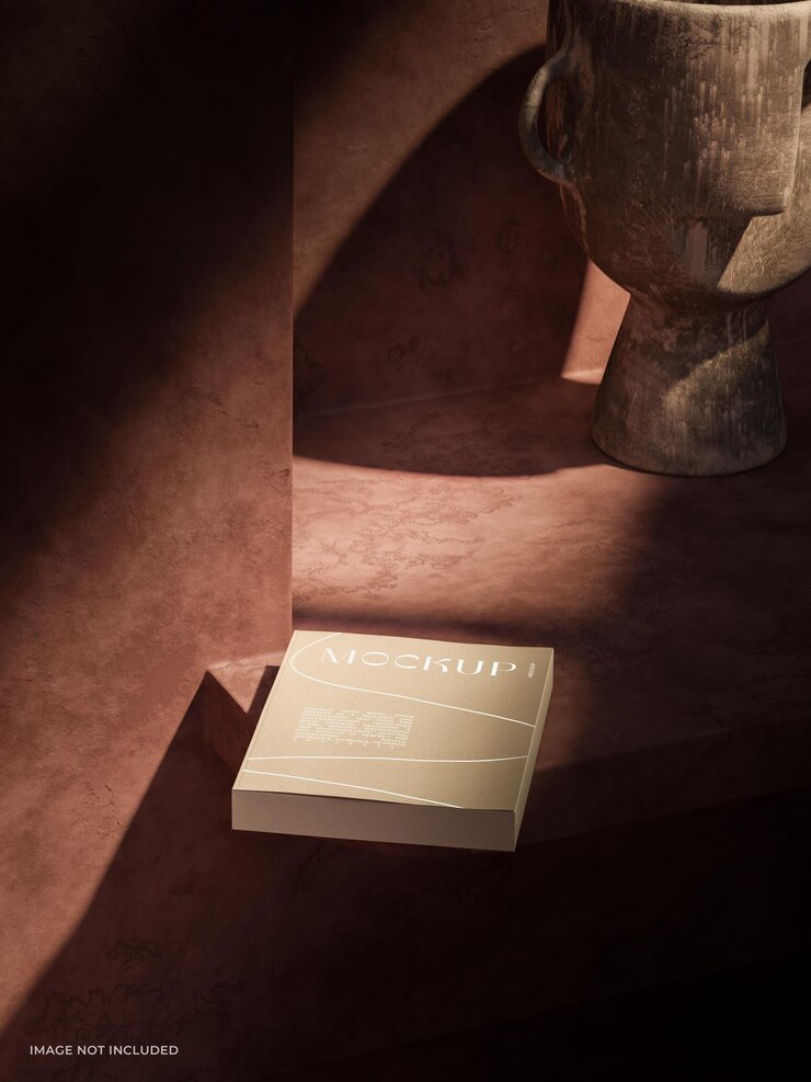 Minimalistische boekomslagmockup op een groene plank met warme verlichting