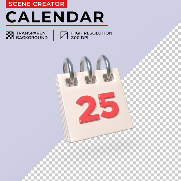 Minimalistische bureaukalender met dag 25 voor eenvoudig knippen 3D Render