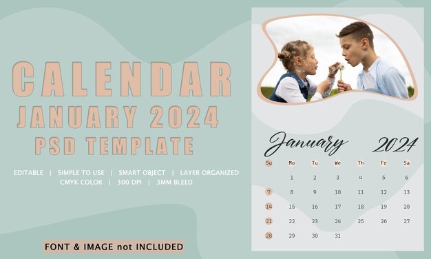 PSD minimalistische januari 2024 kalender psd-sjabloon